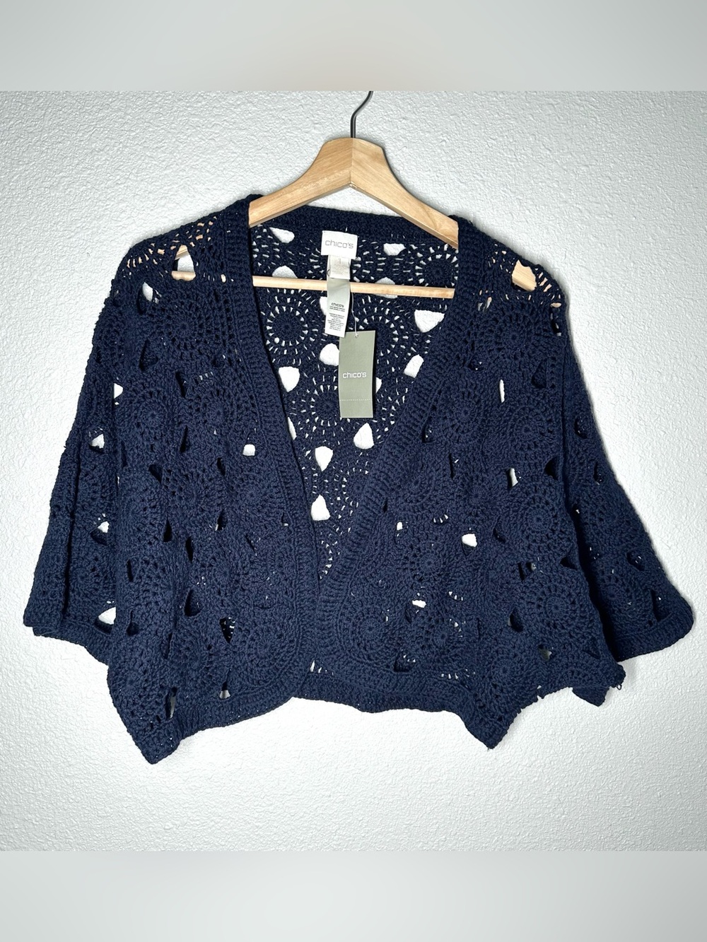 NWT Chico's Crochet Texture Tammy Shrug Sweater 3/4 Sleeve Navy Blue Size 1